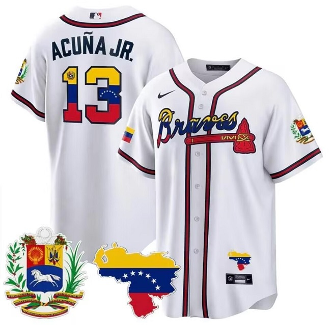 Men's Atlanta Braves #13 Ronald Acuña Jr. 2023 White With Patch Cool Base Stitched Jersey Men's Atlanta Braves #13 Ronald Acuña Jr. 2023 White With Patch Cool Base Stitched Jersey